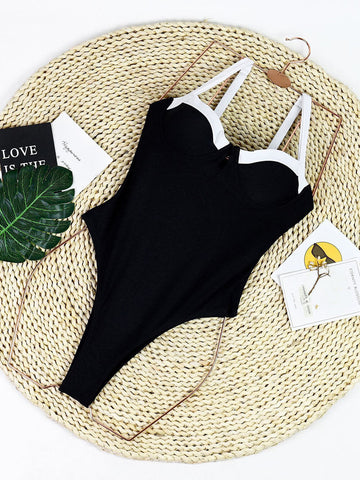 Sonicelife-Black And White Patchwork U-Neck One-Piece Swimsuit