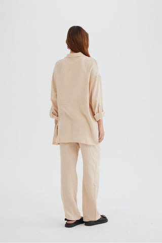 Sonicelife-Long Sleeve Pocketed Slit Shirt Long Pants Suits