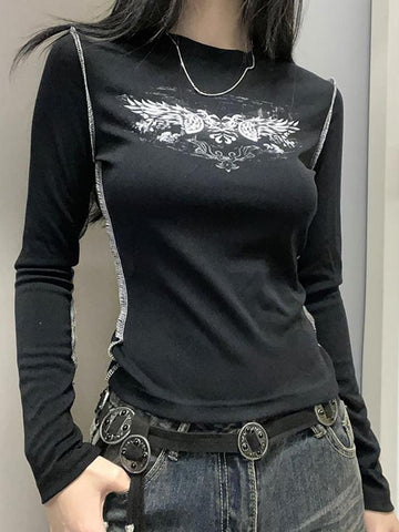 Sonicelife-Long Sleeve Wings Print Slim-Fit T-Shirt