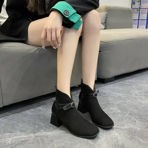 Sonicelife Autumn Women Ankle Boots Black Chunky High Heel Color Matching Buckle Bota Back Zip Casual Female PU Learther Botines Chelsea