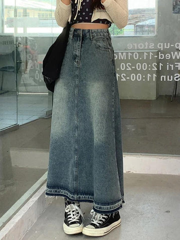 Sonicelife-Vintage Distressed Frayed Hem A Line Midi Skirt