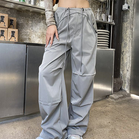 Sonicelife Y2K Aesthetic Cargo Pants Women High Waist Drawstring Casual Straight Pants Vintage Streetwear All Match Wide Leg Trousers