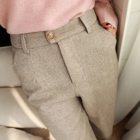 Sonicelife Woolen Pants Women Harem Pencil Pants Spring High Waist Pockets Suit Pants Office Lady Striped Zipper Trousers