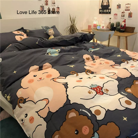 Sonicelife Ins Pink Cute Duck Cartoon Fruit Printed Bedding Set Soft Queen King Size Flat Bed Sheet Quilt Cover Pillowcase Kawaii