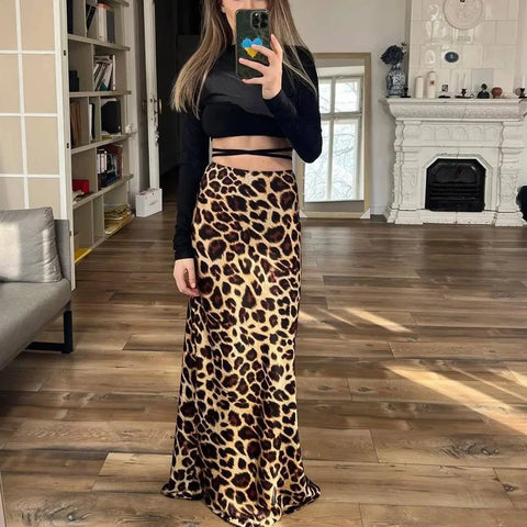 Sonicelife Ladies Leopard Print Women's Midi Skirt High Waist Stylish Long Skirts For Women Fall Vintage Satin Skirt Woman Elegant Skirts