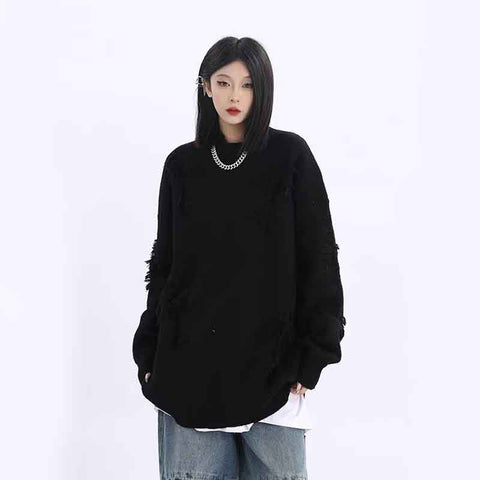 Black Friday Sonicelife Fall Long Sleeve Hole Knit Sweaters Women Y2K Fashion Streetwear Tassels O Neck Solid Pullovers Bf Korean Oversized Loose Jumper