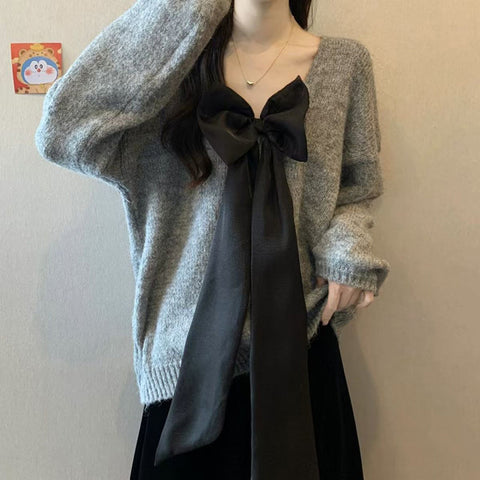 Black Friday Sonicelife Bow Sexy Backless Women Sweater Knitted Reversible Gray Loose Lazy Chic Pullover Simple Harajuku Sweet Student Jumpers