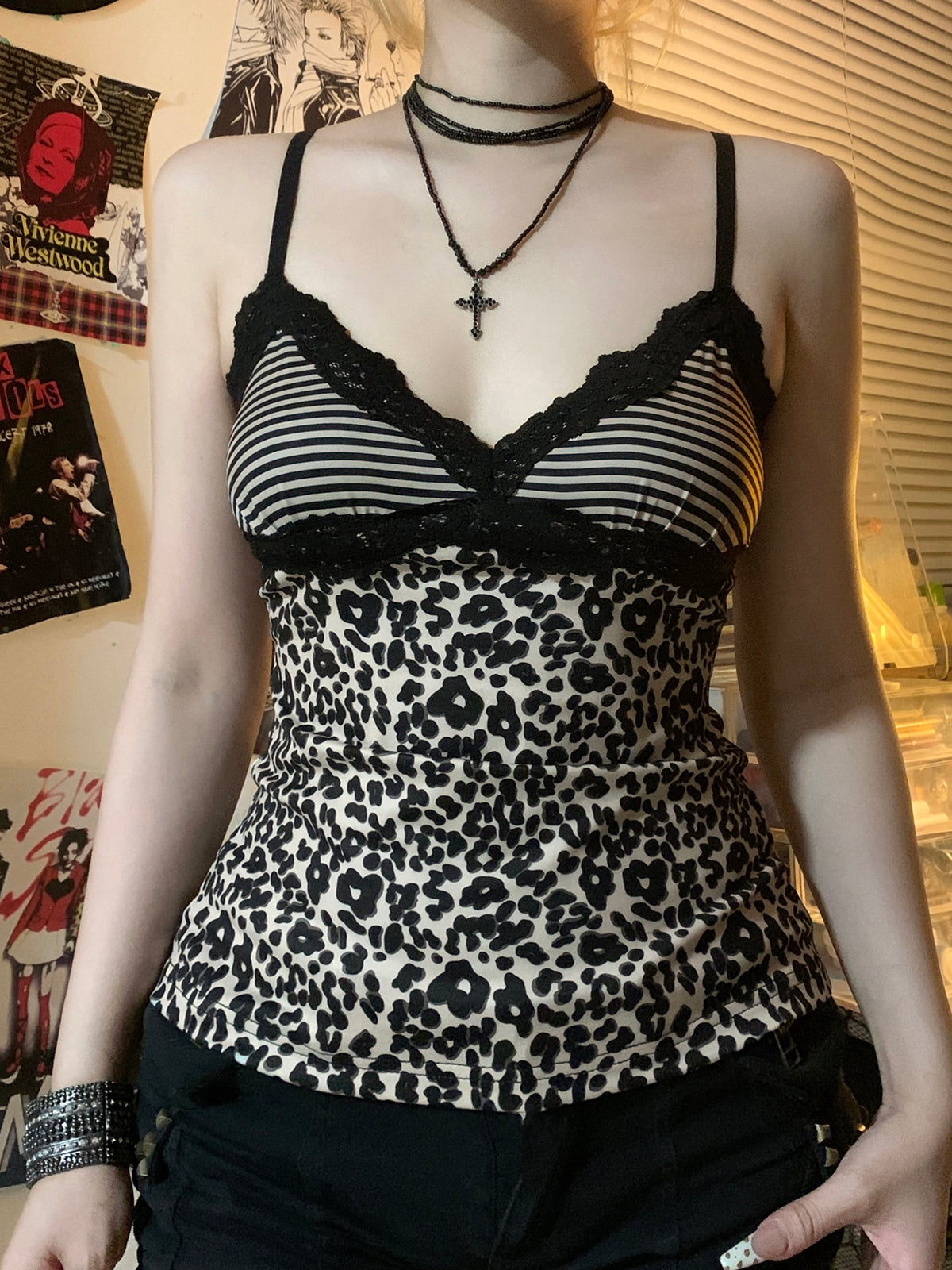 Sonicelife Pastel Goth Y2k Leopard Camisole Women Streetwear Vintage Harajuku Lace Patchwork Crop Tank Tops Emo Alt Grunge Clothes