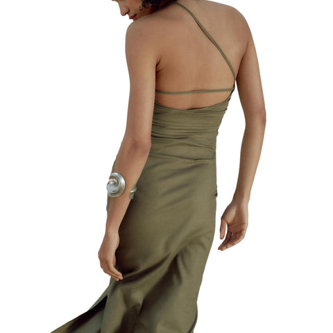 Sonicelife Women's Irregular Camisole Dress Linen Blend Pleated Decoration Front Slit Commuting Style New
