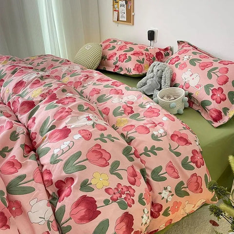 Sonicelife Ins Pink Tulip Bedding Set Floral Duvet Cover Flat Sheet with Pillowcases No Filling Single Queen Size Boys Girls Bed Linen