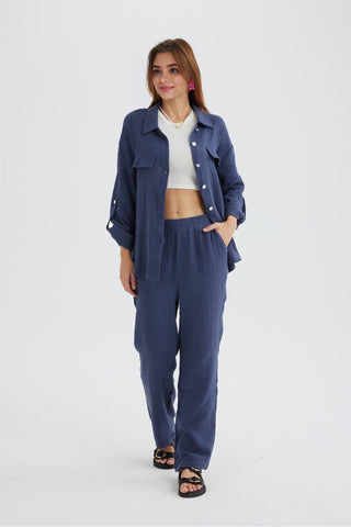 Sonicelife-Long Sleeve Pocketed Slit Shirt Long Pants Suits