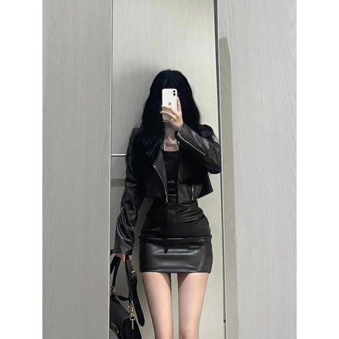 thanksgiving outfit Sonicelife 2024 Autumn New Women's Cropped Leather Jacket Tank Dress Slimming Bodycon Skirt Trendy Fashionable Female Dress Set