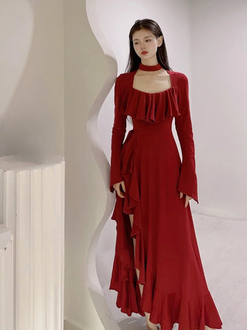 Sonicelife Summer Red Vintage Elegant Dress Women Flare Sleeve Designer Sweet Long Dress Female Ruffles Retro Princess Irregular Dress 2025