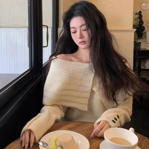 Sonicelife French Slash Neck Pullover Women Elegant Chic Knitted Off Shoulder Jumpers Autumn Winter Long Sleeve Streetwear Sexy Pullover