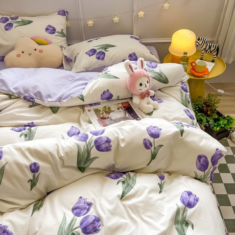 Sonicelife Ins Floral Bedding Set Kids Adult Full Queen Size Duvet Cover Flat Sheet Pillowcase No Filler Summer Fall Home Bed Linens