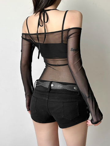 Sonicelife Sexy Emo Alt Bodysuit Women Streetwear Dark Goth See Through Hollow Out Long Sleeve Onesie Y2k Cyber Punk Indie Clothes