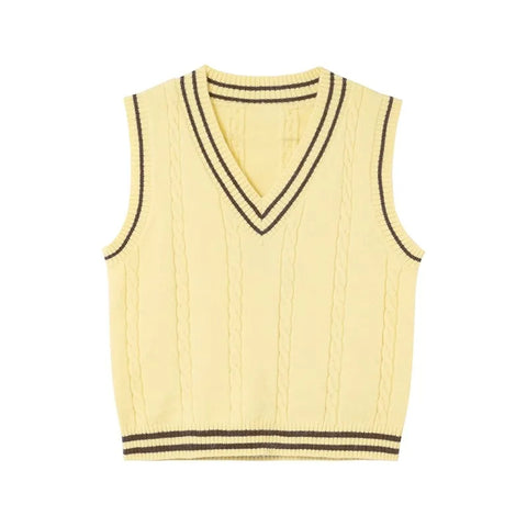 Sonicelife Women Autumn Preppy Style Knitted Vest Striped Vintage Sleeveless Sweater Winter Worn Outside Loose V Neck Jumpers Waistcoat
