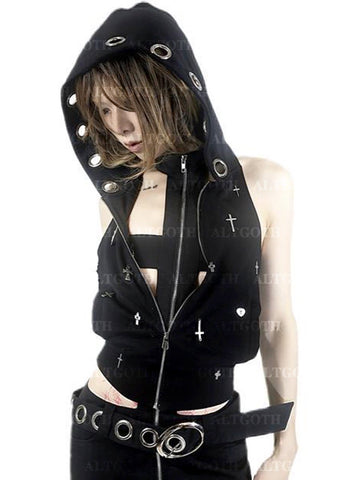 Sonicelife Streetwear Gothic Dark Vest Women Harajuku Y2k E-girl Cyberpunk Cross Hooded Crop Tank Top Emo Alt Grunge Outfits Female