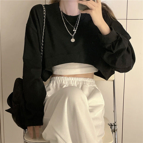 Sonicelife Streetwear Women Sexy Solid Cropped Sweatshirts Oversize Loose Harajuku BF Pullovers Spring Korean Chic Casual Y2k Tops