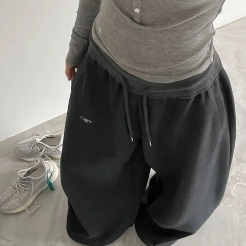 Sonicelife Y2K Cotton Sweatpants Woman Black Oversize Streetwear Trousers Korean High Waist All Match Loose Casual Drawstring Jogger Pants