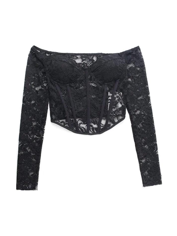 Sonicelife-Off Shoulder Lace Corset Long Sleeve Tee