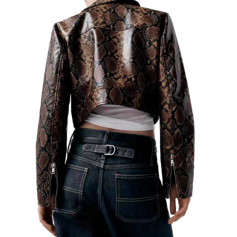 Sonicelife Women's new imitation leather coat long sleeve zipper snake print fashion casual top leather jacket