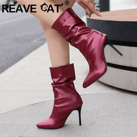 thanksgiving outfit Sonicelife Sexy Women Ankle Boots Pointed Toe Thin High Heels 10cm Slip On Pleated 46 47 48 Fashion Party Lady Booties