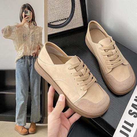 Sonicelife Woman's Winter New Leather Lace Up Plush Warm Flat Sole Cotton Shoe Soft  Non Slip Widened Round Toe Mom's  Shoes