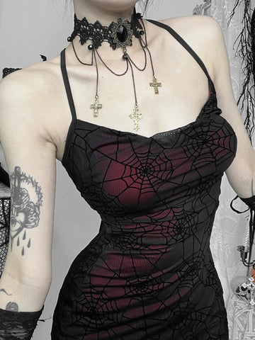 Sonicelife Halloween Dark Gothic Bodycon Dress Women Sexy Streetwear Harajuku Y2k E-girl Spiderweb Spaghetti Strap Mini Dress Femme