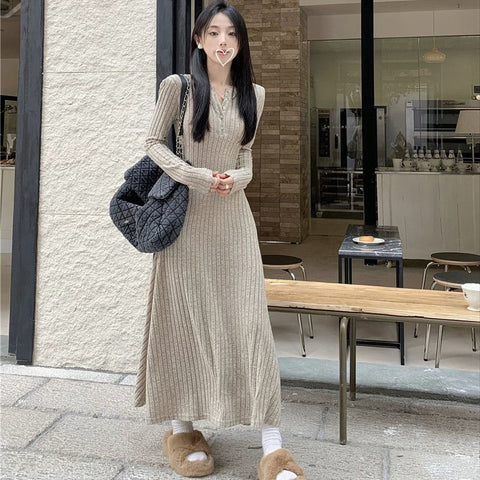 Sonicelife Vintage Long Sleeve Dresses Women Elegant Slim Knitted Basic Long Dresses Autumn Winter New Warm All Match Female Base Vestidos