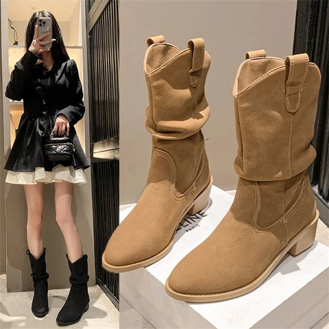 Sonicelife Suede pleated autumn thick heel plus medium heel long leg fashion boots 2025  retro but knee pile boots for women