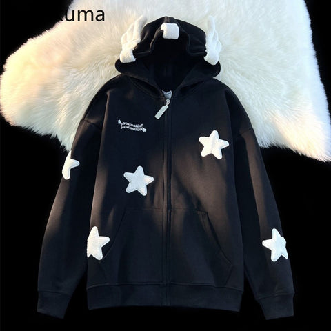 Sonicelife Streetwear Embroidery Star Hoodie Women Clothing Thicked Zipper Hooded Jackets Y2k Tops Casual Fashion Vintage Sweatshirts Coat