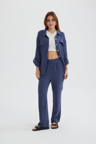 Sonicelife-Long Sleeve Pocketed Slit Shirt Long Pants Suits