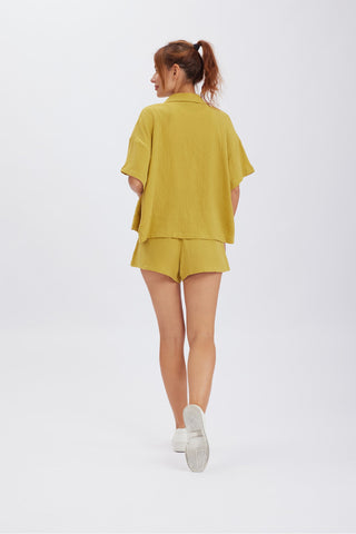 Sonicelife-Solid Color Short Sleeve Shirt Cotton Two-piece Shorts Set