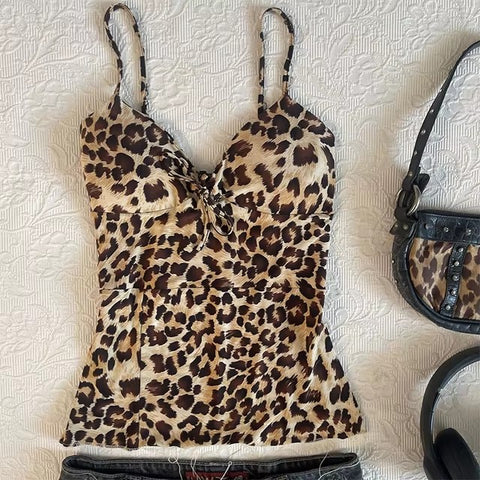 Sonicelife Leopard Print Suspender Emo Girl Sexy Commut Y2K Crop Top American Retro Streetwear Harajuku Aesthetic Hip Hop Chic Women's Tops