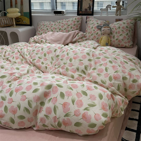 Sonicelife White Green Bedding Set Floral Ins Duvet Cover with Zipper No Filler Flat Sheet Pillowcase Twin Queen Size Bed Linens