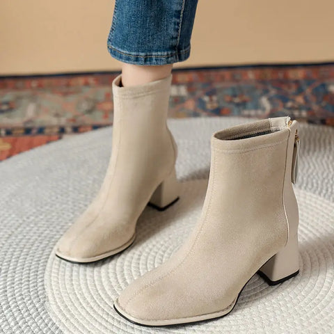 Sonicelife Fashion Thick Heel Short Boots  2025  Winter New Square Headed Suede Short Boots Women Plush Warm High Heels  Boots