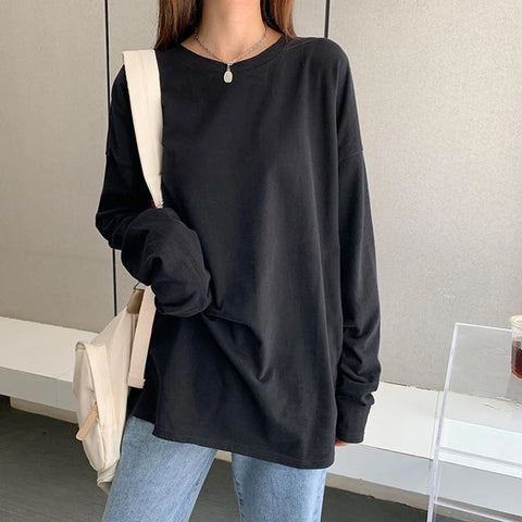 Sonicelife 100% Cotton Long Sleeve T Shirt Women Black Fashion Korean All Match Oversized Tee Autumn Streetwear Casual Loose Bf Female Tops