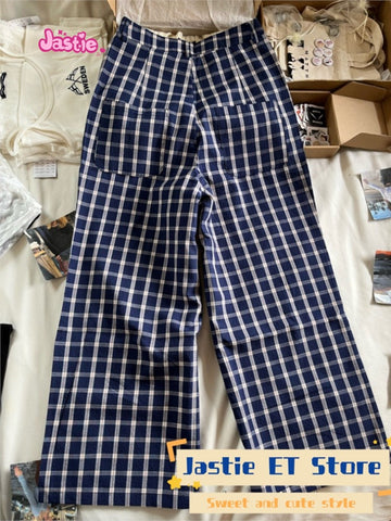 Sonicelife Navy Blue Plaid Fashion Wide Leg Pant Single Breasted Versatile Streetwear Women Trouser Spring Summer Retro Y2K Female Bottoms