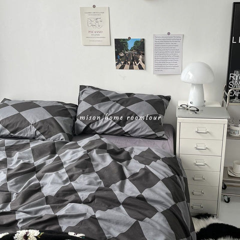 Sonicelife Fashion Bedding Set Hot Checkerboard Boys Girls Single Double Queen Size Flat Sheet Quilt Duvet Cover Pillowcase Bed Linens