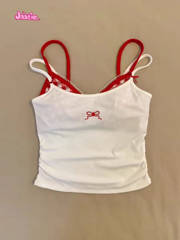 Sonicelife Bow Embroidery White Sweet Women Camis With Plaid Bras Cotton Blend Chic Spicy Girls Y2K Tank Tops Tight Sexy Two Piece Crop Top