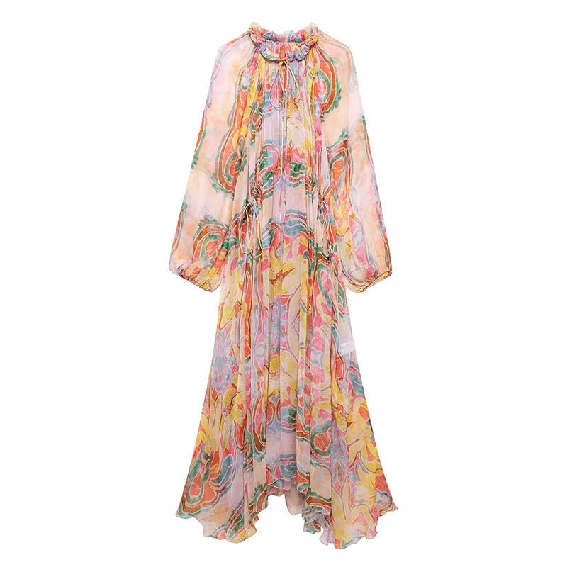 Sonicelife Fashion Print Tulle Lace Up Dress Women Loose O-neck Long Lantern Sleeve Pleated Female Dresses 2024 Summer Lady Colorful Robes