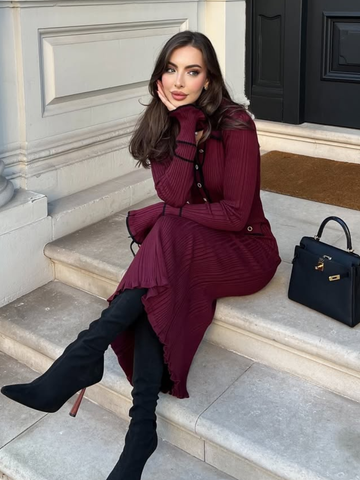 christmas outfit Sonicelife 2025 Fashion Burgundy Lapel Ruffles Knitted Midi Dress Women's Elegant Skinny Buttons Flare Sleeved Robe New Female Chic Vestido