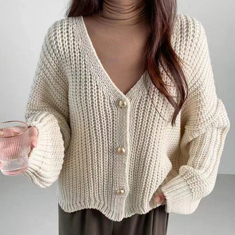 Sonicelife Lazy Wind Women Sweet Cardigan Korean Loose Long Sleeve Casual Knitted Coats Vintage V Neck Oversize Rose Color Cardigan