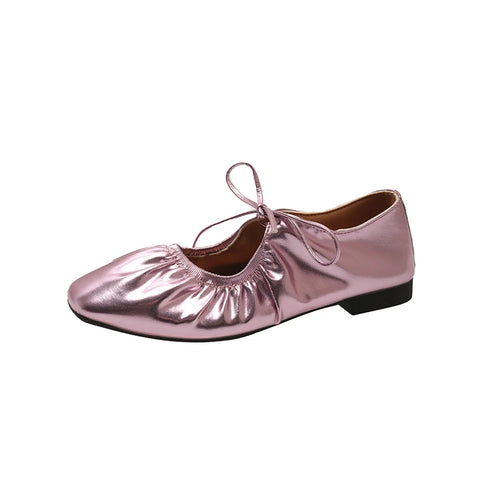 Sonicelife Ballet flats women   Leather Shoe Women Narrow Band Silver Flats Bling Bling Gold Round Toe 2024 Spring Footwear