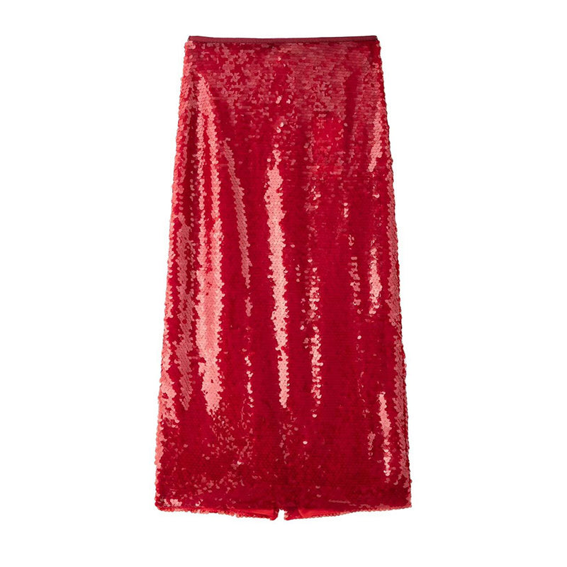 Sonicelife Fashion Red Sequins Skirt For Women Solid Long High Waist Skirt 2025 New Year Christmas Lady Street New Dress