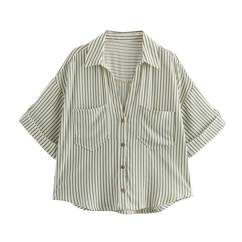 Sonicelife Striped Shirt with V-neck for Women Linen Blend Pocket Decoration for Commuting Style Casual Versatile Single Breasted Top New