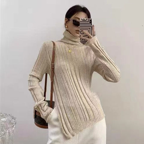 Black Friday Sonicelife Zoki Autumn Warm Turtleneck Knit Sweater Women Fashion Split Irregular Slim Chic Pullover Korean Thick Solid All Match Jumpers