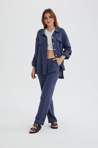 Sonicelife-Long Sleeve Pocketed Slit Shirt Long Pants Suits