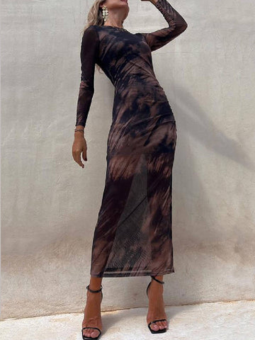 Sonicelife-Charm Lady Mesh Overlay Tie Dye Print Long Sleeve Ruched Stretch Midi Dress